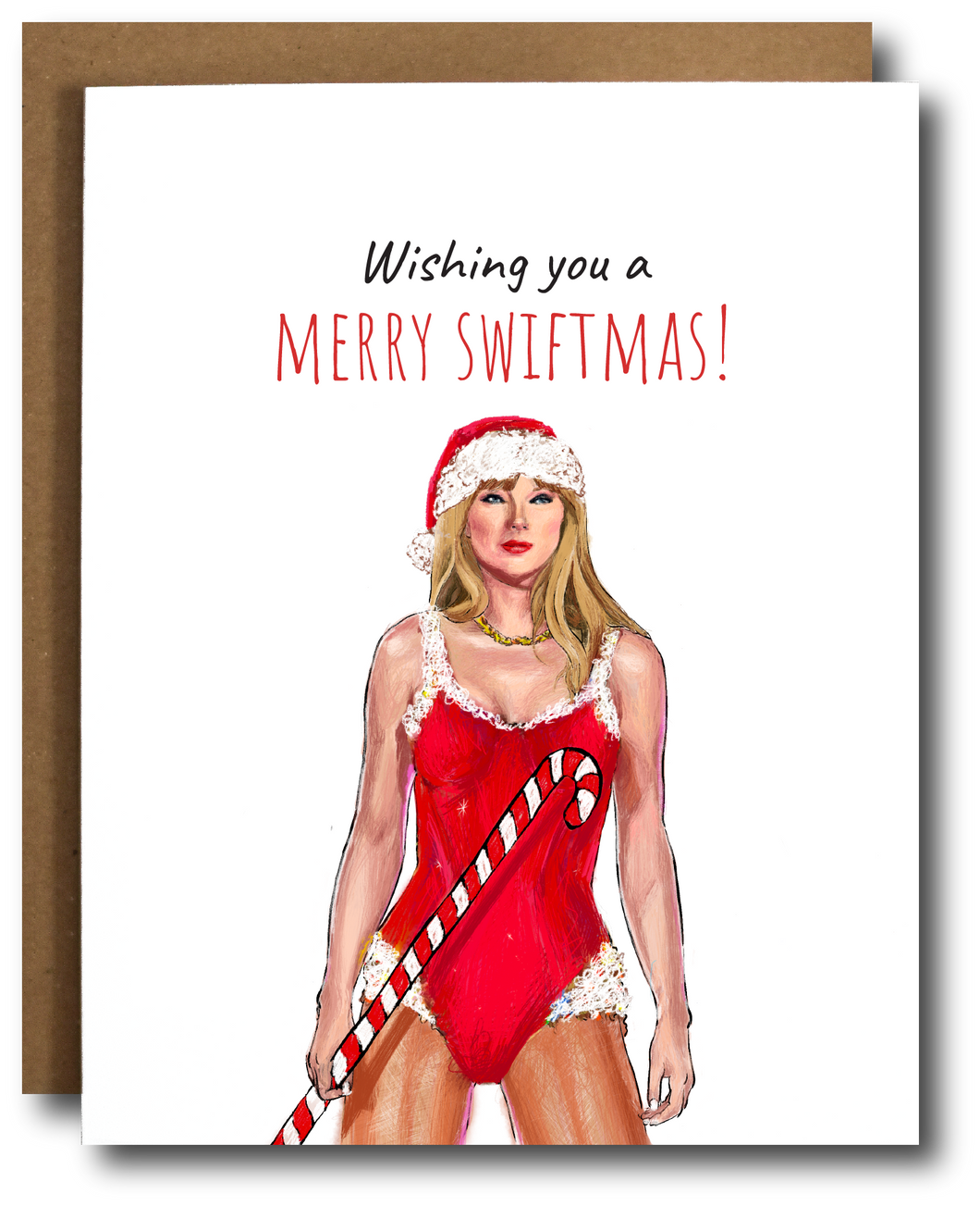 Holiday card featuring Taylor Swift in a red Santa suit holding a candy cane, with the text 'Wishing you a Merry Swiftmas' in festive font.